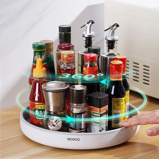 Durable 360-degree rotating tray with built-in stainless steel for stability, ideal for organizing kitchen and home items.