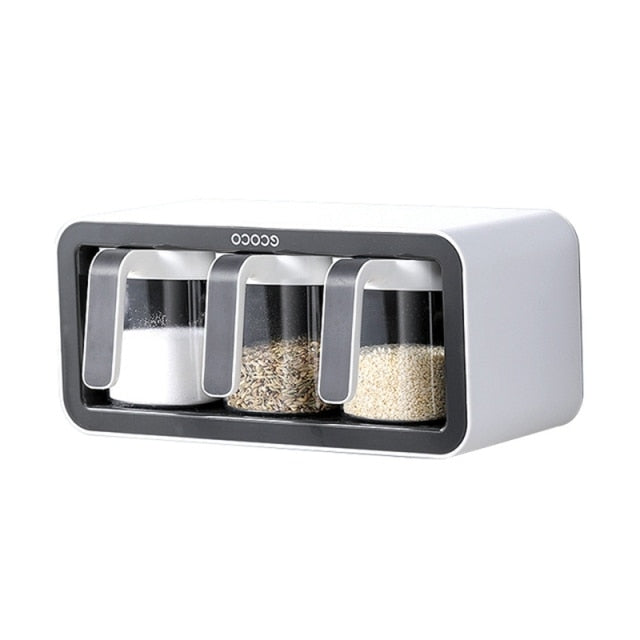 Minimalist Ecoco spice container with three sections for neatly storing salt, sugar, and other seasonings.

