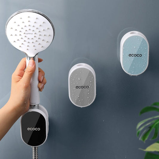 Wall-mounted Ecoco shower head holder with a 360-degree rotating and 45-degree tilting design for adjustable water flow.


