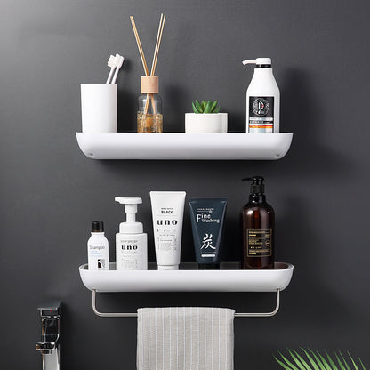 Modern wall-mounted bathroom shelf with two tiers, perfect for storing toiletries and accessories with an integrated towel bar.

