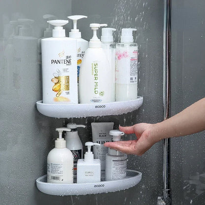 A two-level shower shelf designed to withstand water exposure. It holds large shampoo bottles and other bath essentials securely, even during use in wet conditions.