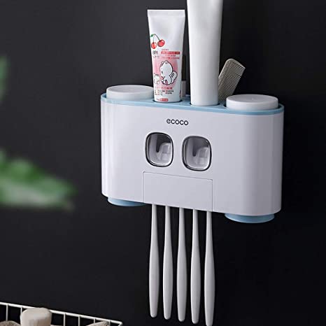 Wall-mounted Ecoco toothpaste dispenser in gray with a dual-slot design for mess-free, hands-free toothpaste application.

