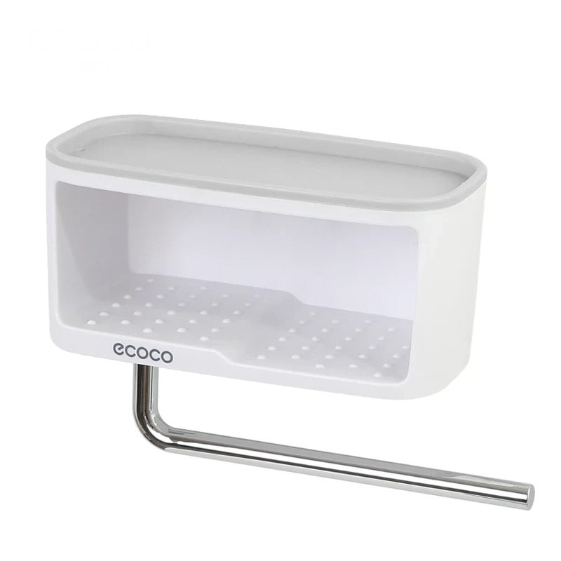 Simple and sleek Ecoco shelf with a beige lid and towel hook, great for organizing soap and small items in compact spaces.

