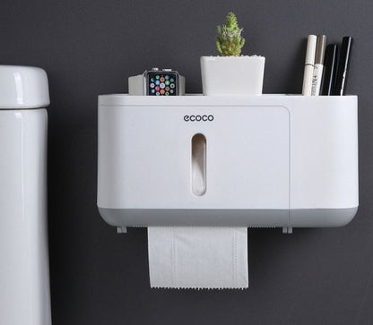 White Ecoco wall-mounted tissue holder with extra compartments for storing cosmetics, accessories, or small décor.

