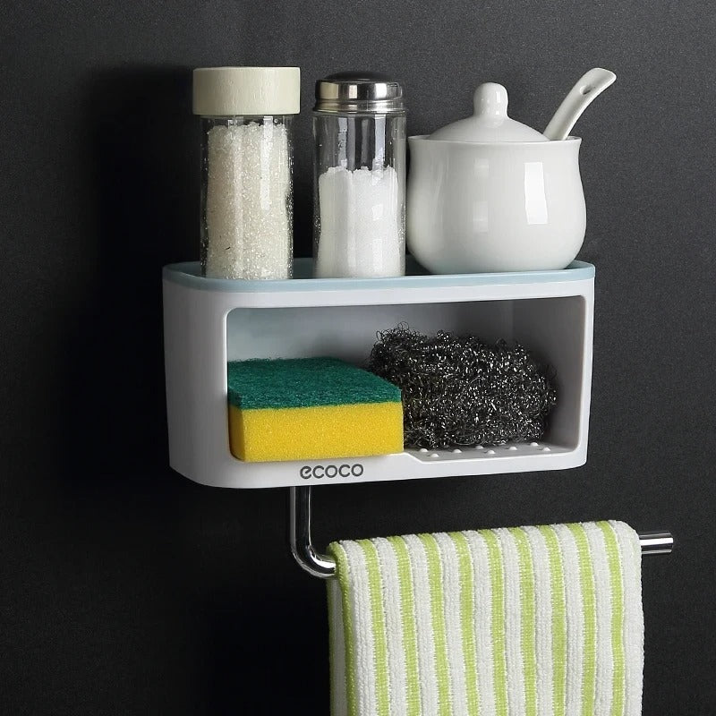 Set of Ecoco wall-mounted organizers with hooks, ideal for holding toiletries, soaps, and towels in a sleek, space-saving design.

