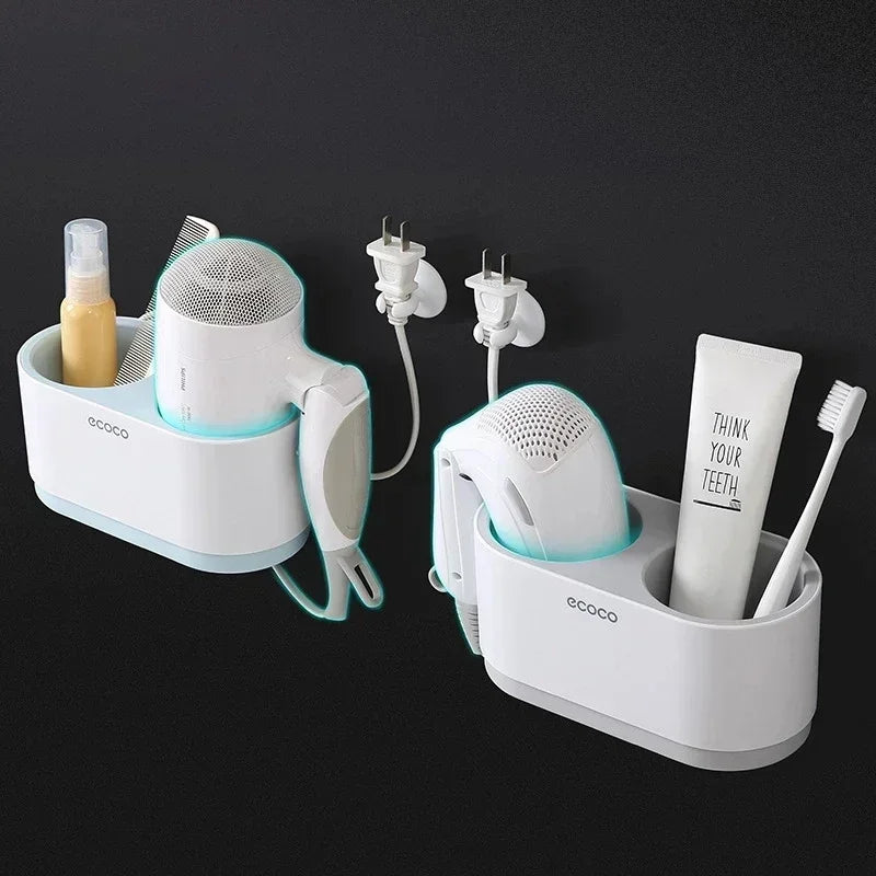 Elegant white wall-mounted Ecoco caddy for storing hairdryers, combs, and personal care essentials, optimizing bathroom space.