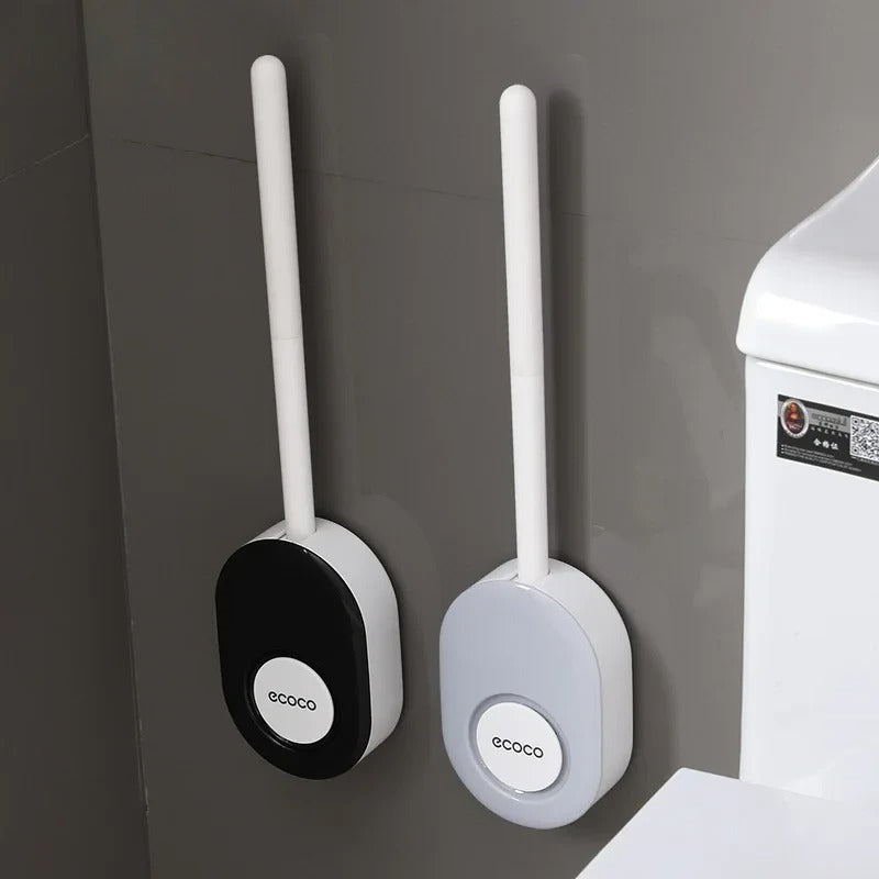 Black Ecoco toilet brush set with a compact wall-mounted holder, offering a minimalist and functional bathroom solution.

