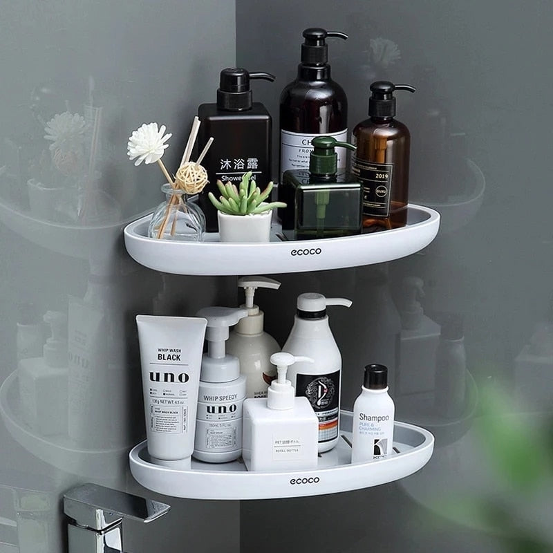 Description: A stylish single-tier shelf mounted near a bathroom vanity mirror, holding toothbrush cups, soap, and small decorative items like succulents.
Best Use Case: Compact organization for vanity areas or bathroom counters.