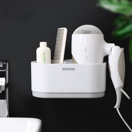 Sleek white Ecoco wall-mounted organizer with compartments for a hairdryer, combs, and toiletries, ideal for tidy bathroom storage.