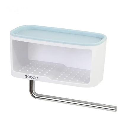 White Ecoco organizer with space for bottles and soaps, featuring a towel hook for versatile use in bathrooms or kitchens.

