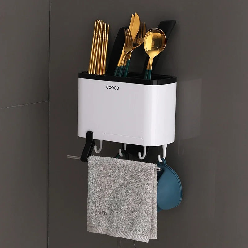 Space-saving Ecoco utensil caddy with a cutlery compartment, hanging bar, and multi-functional hooks for a neat kitchen setup.