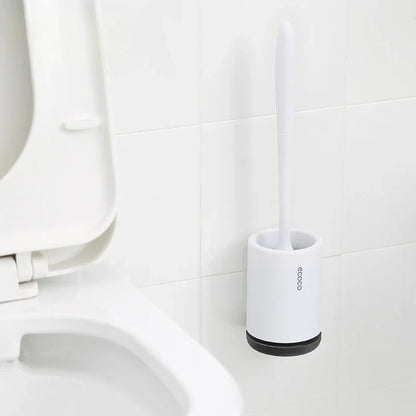 Soft yet sturdy silicone toilet brush for effective cleaning, featuring a non-scratch design and a sleek, compact holder.

