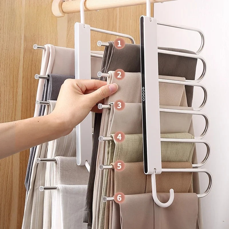 Durable foldable hanger with six-tier stainless steel bars, perfect for organizing trousers, scarves, and other clothing items.