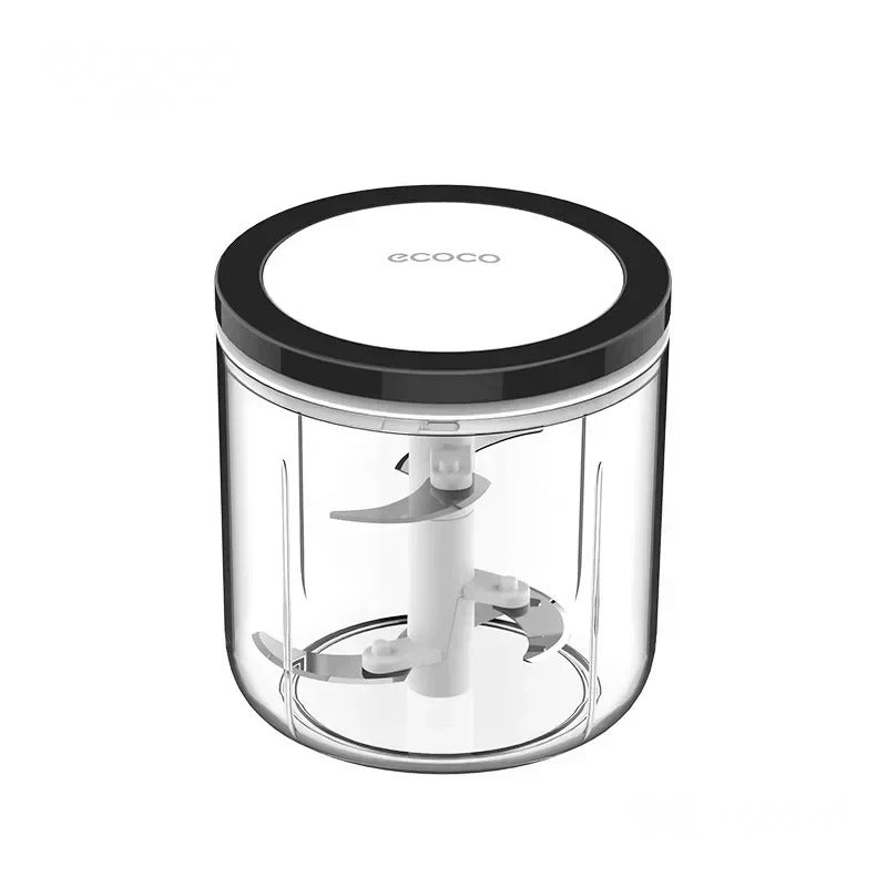 Large-capacity manual food processor with a black lid and sharp blades, perfect for grinding meats, chopping veggies, and preparing sauces.

