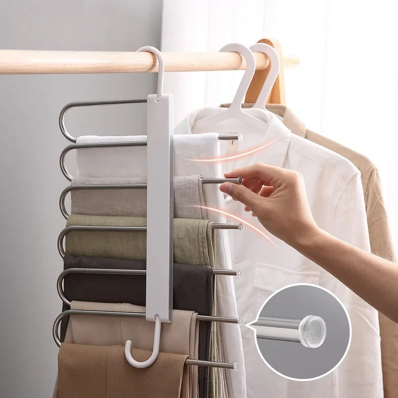 Stainless steel multi-bar trouser hanger with durable hooks, ideal for hanging pants, ties, or linens in a compact closet.