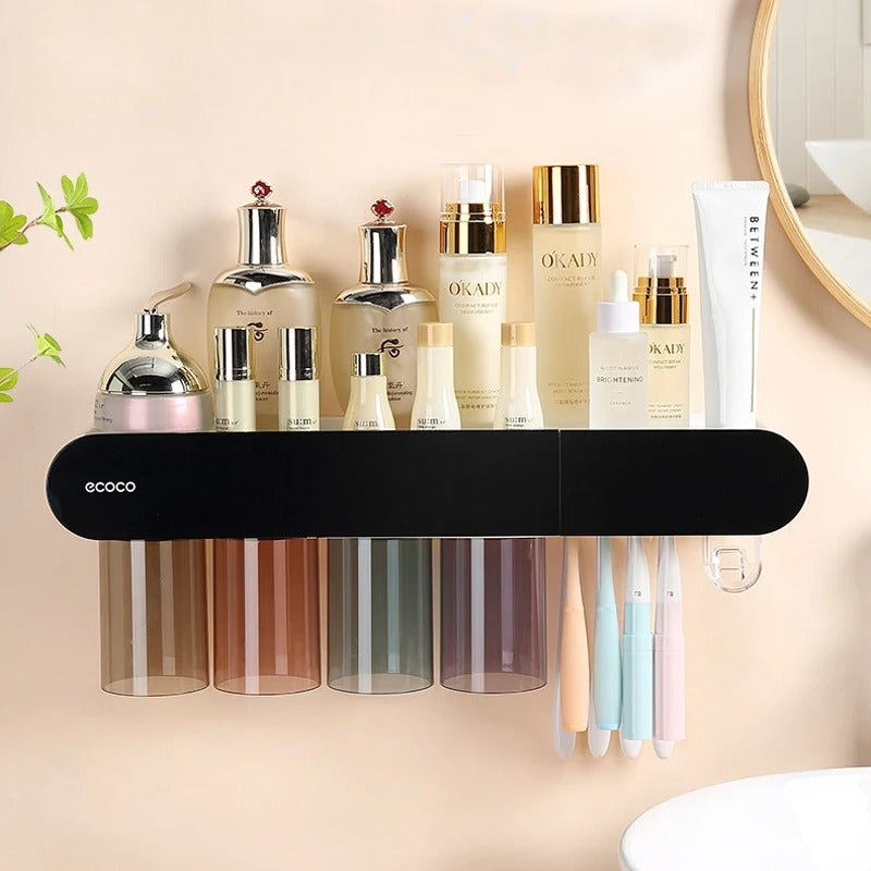 Elegant black wall-mounted bathroom organizer with multiple storage compartments for toiletries and toothbrushes.