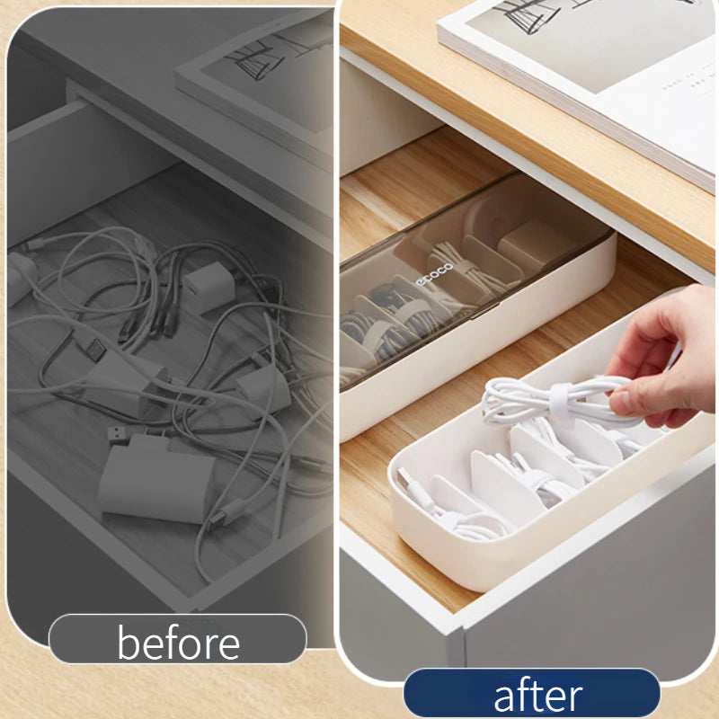 Stackable cable organizer boxes in white and blue, perfect for neatly managing chargers, cords, and adapters.