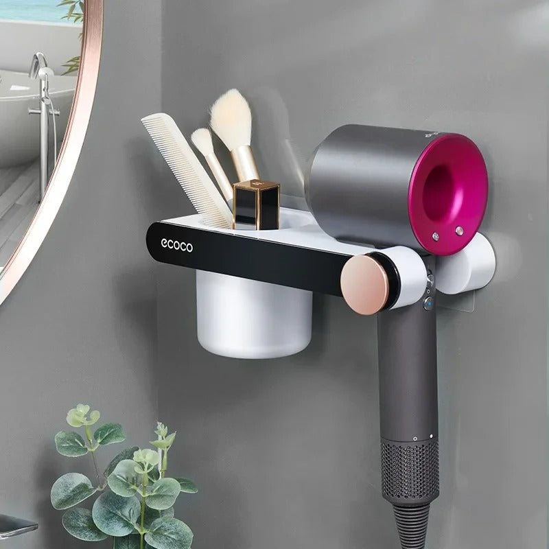 Sleek and functional bathroom organizer with a built-in hair dryer holder, storage compartments, and a minimalist aesthetic.

