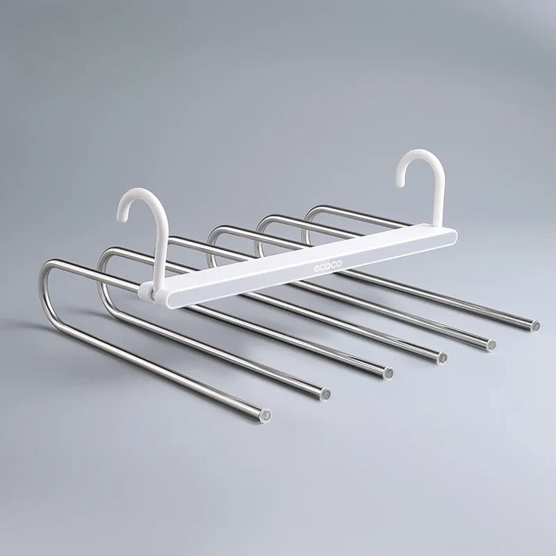 Multi-functional hanging rack with sleek stainless steel bars for organizing pants, scarves, or linens in tight wardrobe spaces.