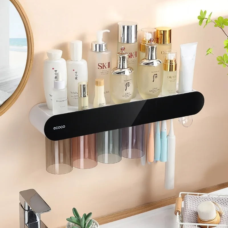 Perfect for modern bathrooms, this storage rack combines functionality with style. It features dedicated sections for toiletries, toothbrushes, and cups, keeping your bathroom neat and organized.
