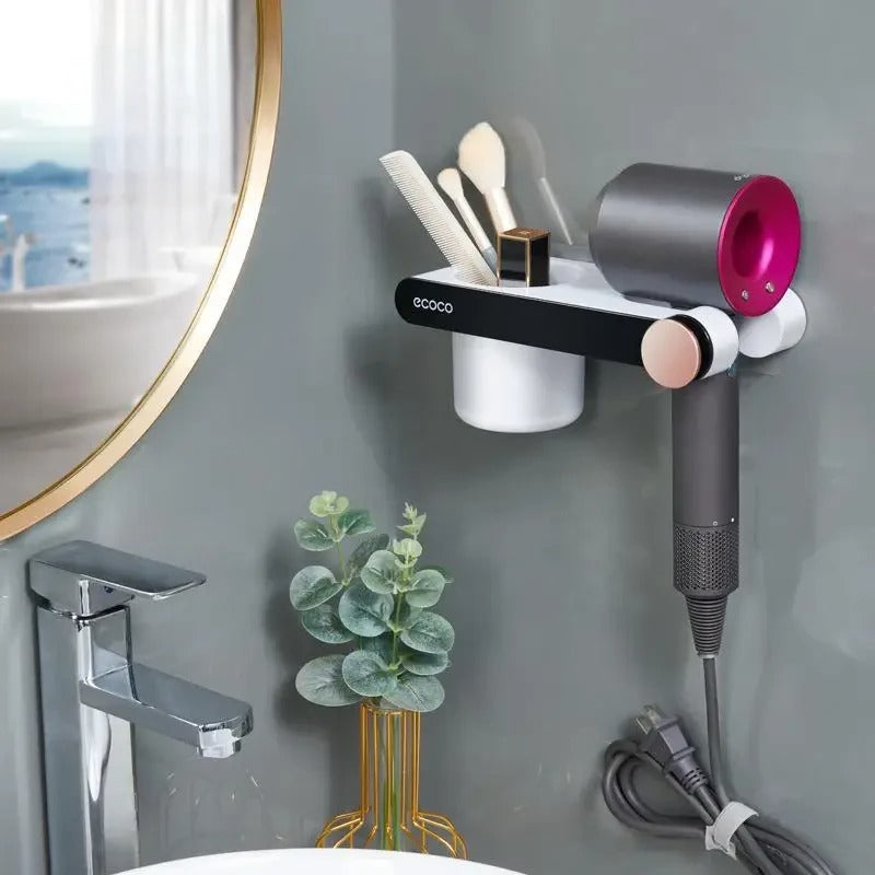 Modern hair dryer holder with a built-in organizer for makeup brushes, combs, and other accessories, ideal for bathroom use.