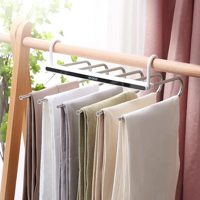 Multi-layer clothes hanger with hooks and stainless steel bars, ideal for maximizing closet space and organizing pants or scarves.