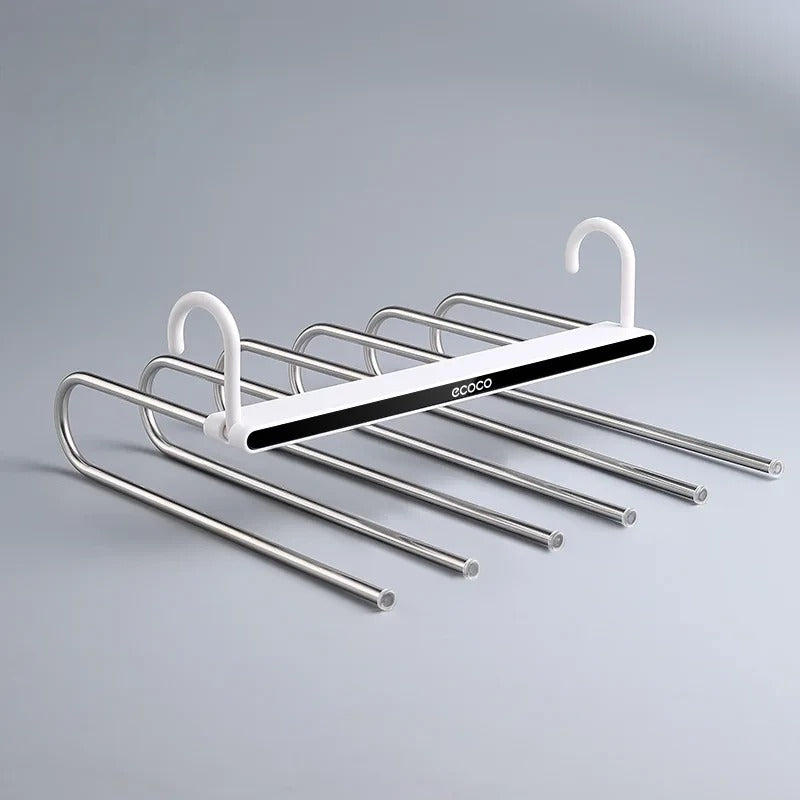 Stylish stainless steel clothes hanger with multiple tiers, perfect for neatly storing pants, towels, and other garments.