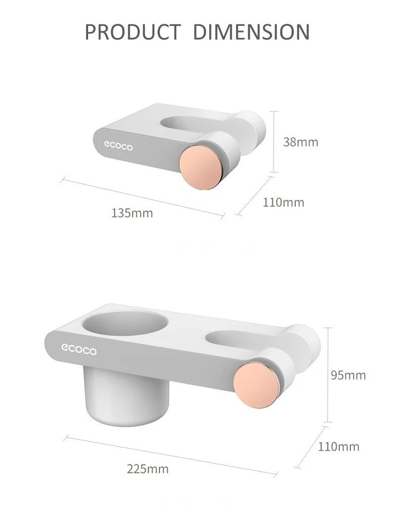 Multi-functional bathroom storage shelf with a magnetic hair dryer holder, space for cosmetics, and an additional storage cup.

