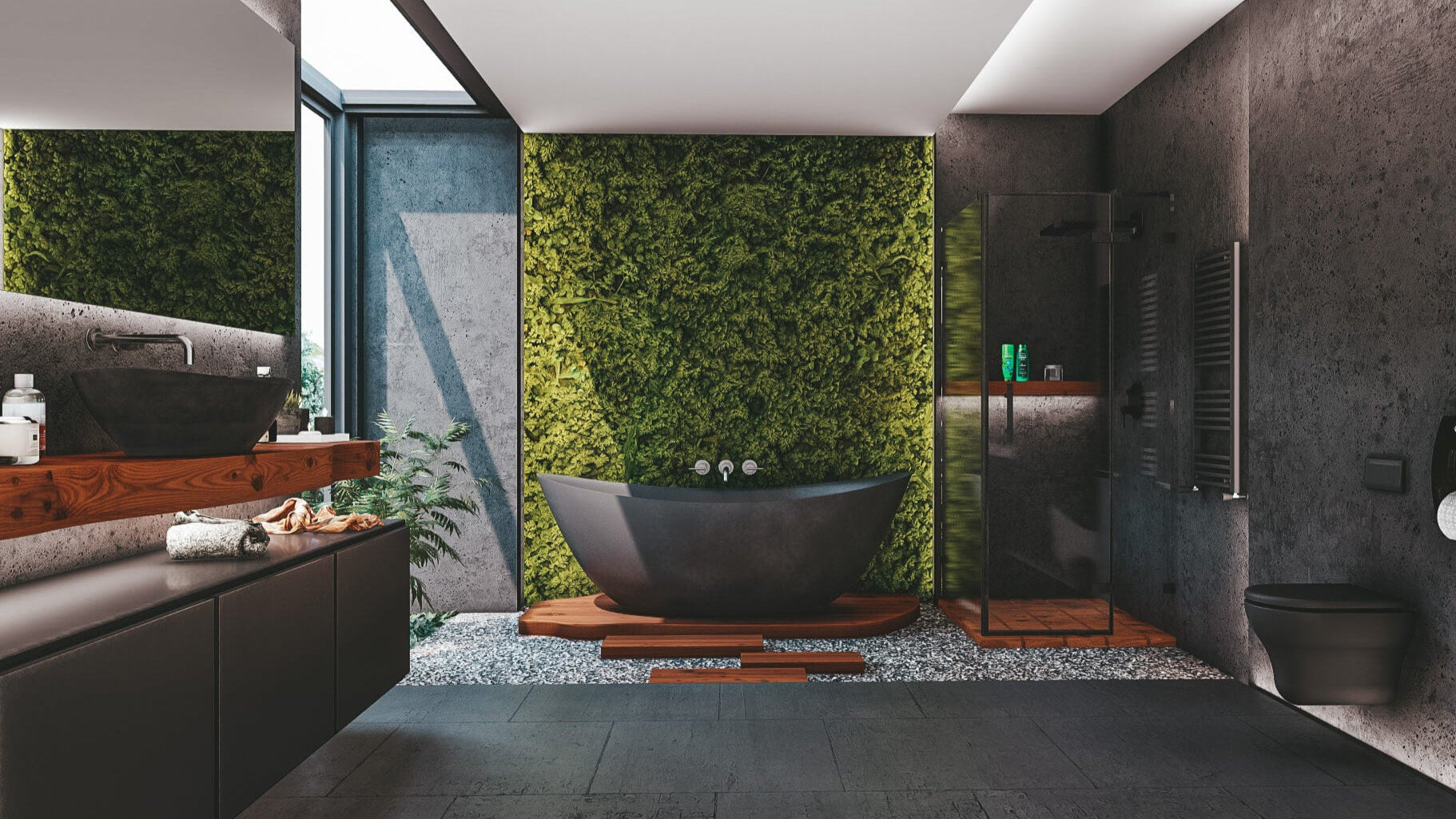 a modern, sleek, clean, premium, bathroom, to represent the ECOCO brand and welcome guests to the website. 